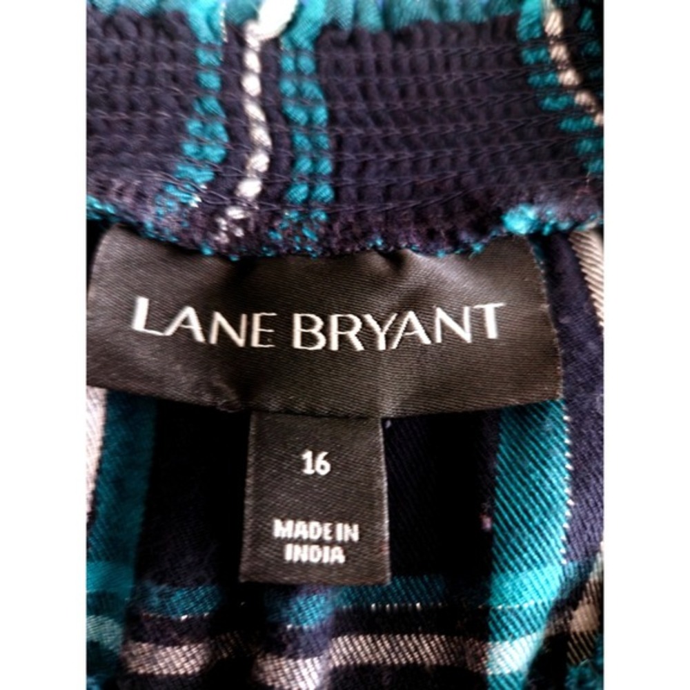 Lane Bryant Teal Navy Plaid Metallic Split Neck Blouse Top Womens 16 - Picture 6 of 8